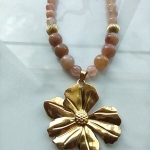 Gold Floral Pendant Necklace with Brown Beads